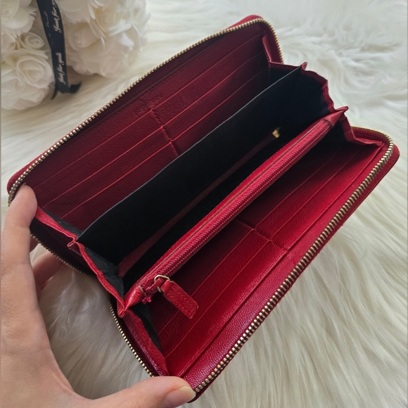 YSL Red Leather Zip-Around Signature Logo Wallet - Picture 8 of 17